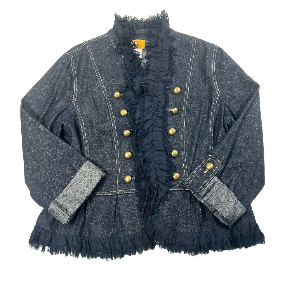 Ruby Rd Moonstruck Blue Metallic Sparkle Denim Jacket Ruffled Fringe Size 14